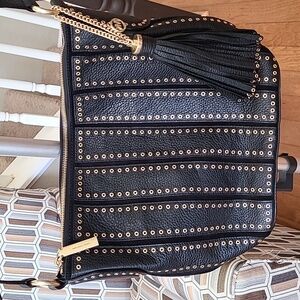 Michael Kors Black Leather Gold Embellished Crossbody Purse Fringe